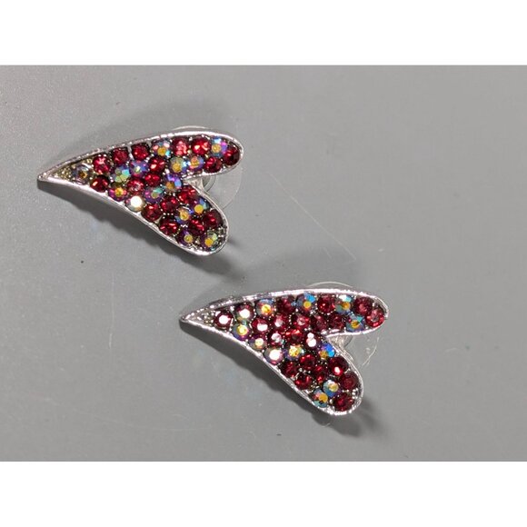 Red Aurora Borealis Crystal Rhinestone Pave Heart Drop Earrings Pierced Silver T - Picture 2 of 9